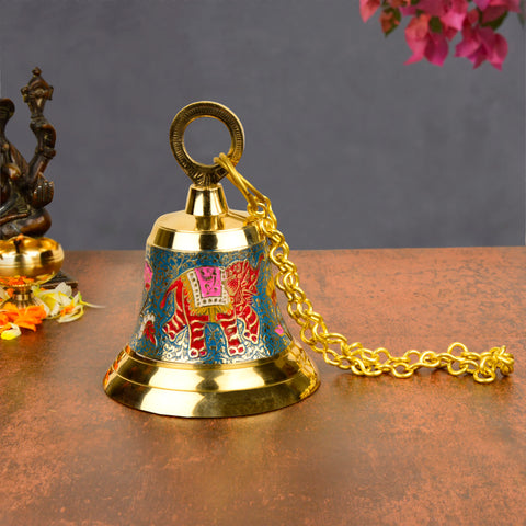 Pure Brass Hanging Temple Bell with Red Elephant Engraving