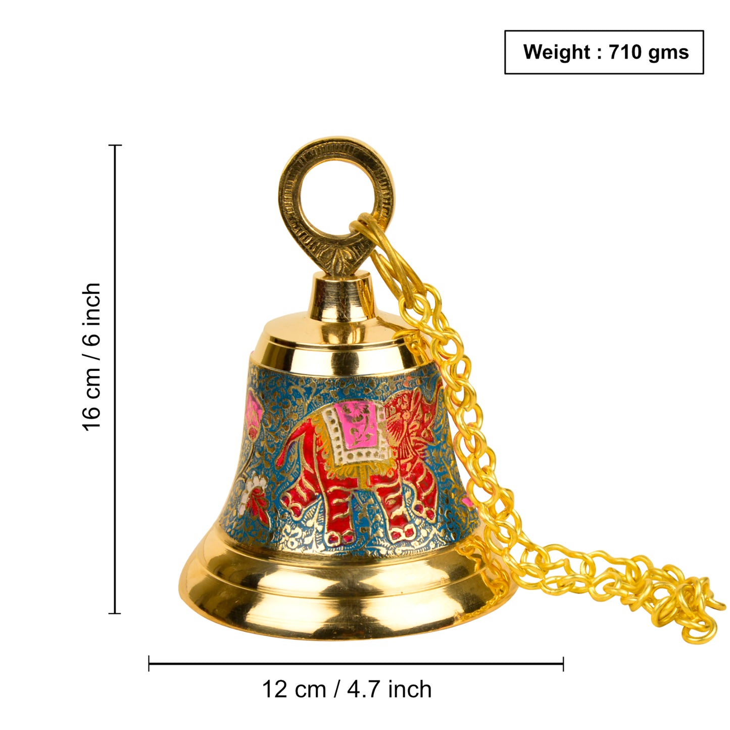 Pure Brass Hanging Temple Bell with Red Elephant Engraving