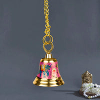 Pure Brass Hanging Temple Bell with Blue Elephant Engraving