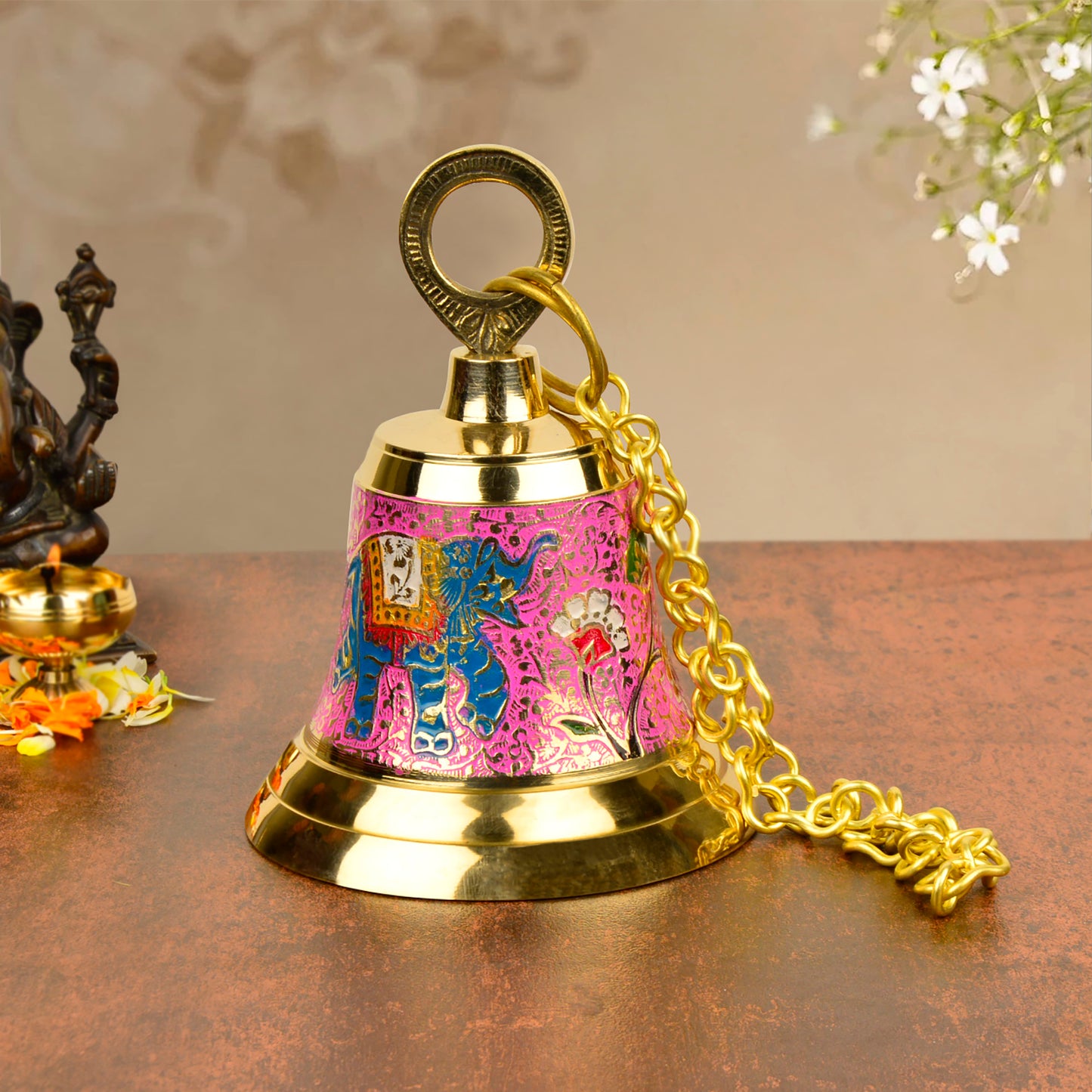 Pure Brass Hanging Temple Bell with Blue Elephant Engraving