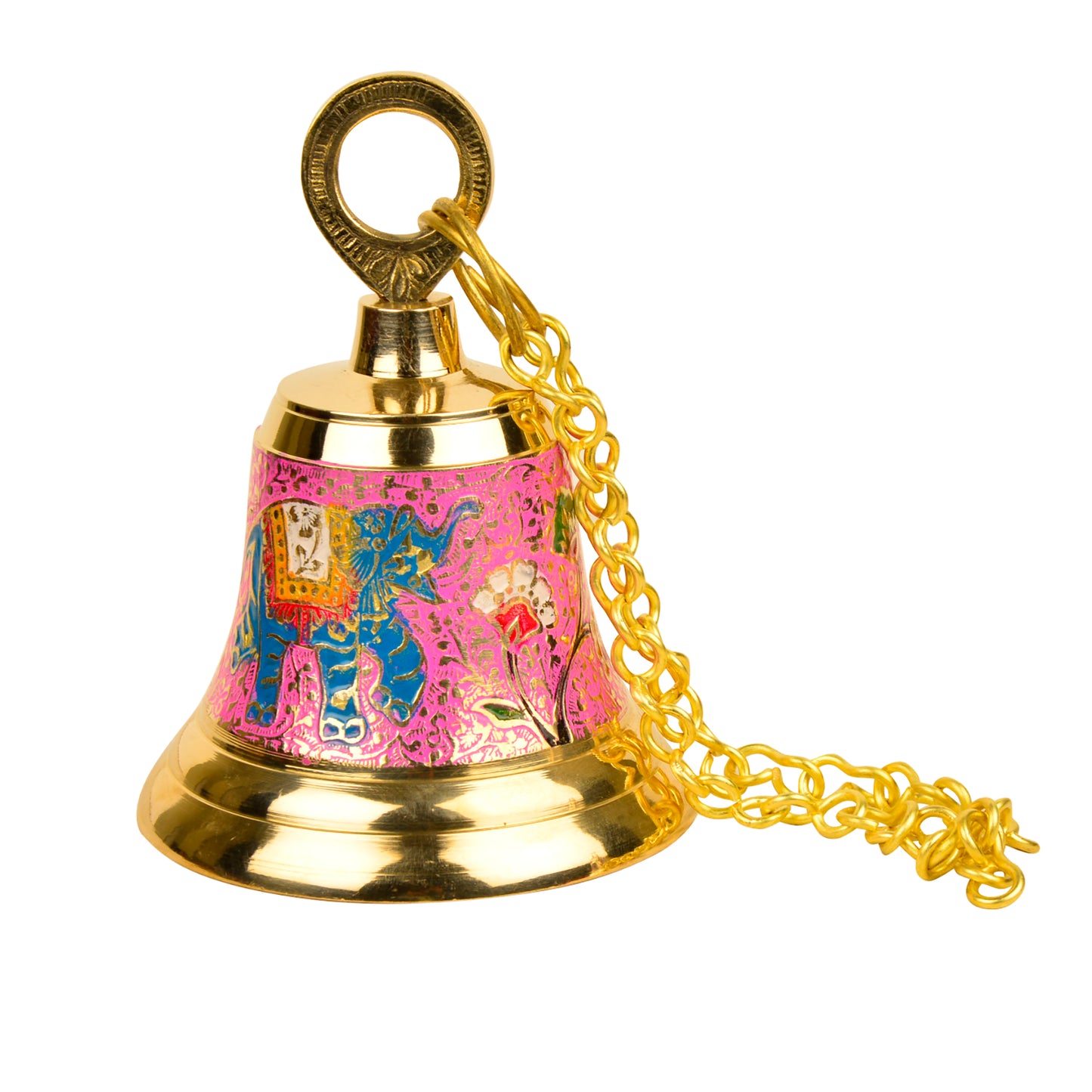 Pure Brass Hanging Temple Bell with Blue Elephant Engraving