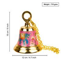 Pure Brass Hanging Temple Bell with Blue Elephant Engraving