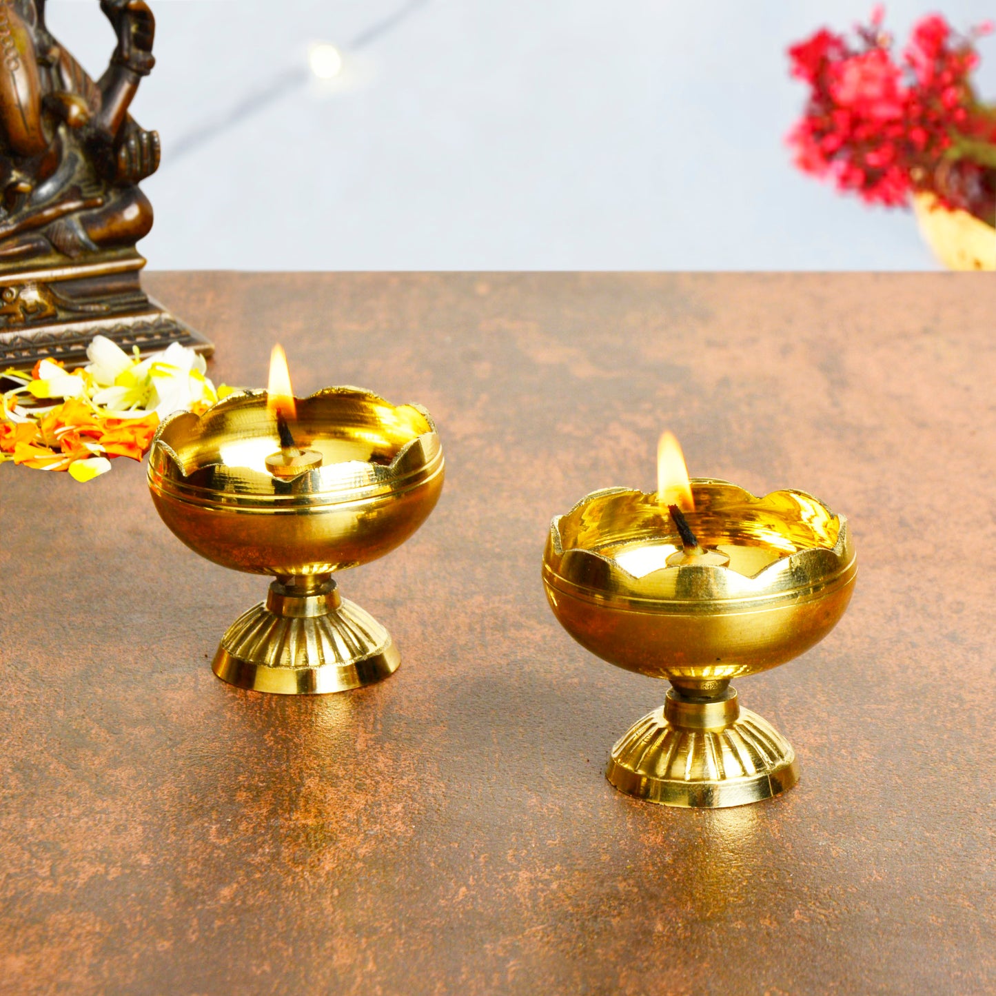 Handcrafted Brass Flower Design Pooja Diya (Set of 2)