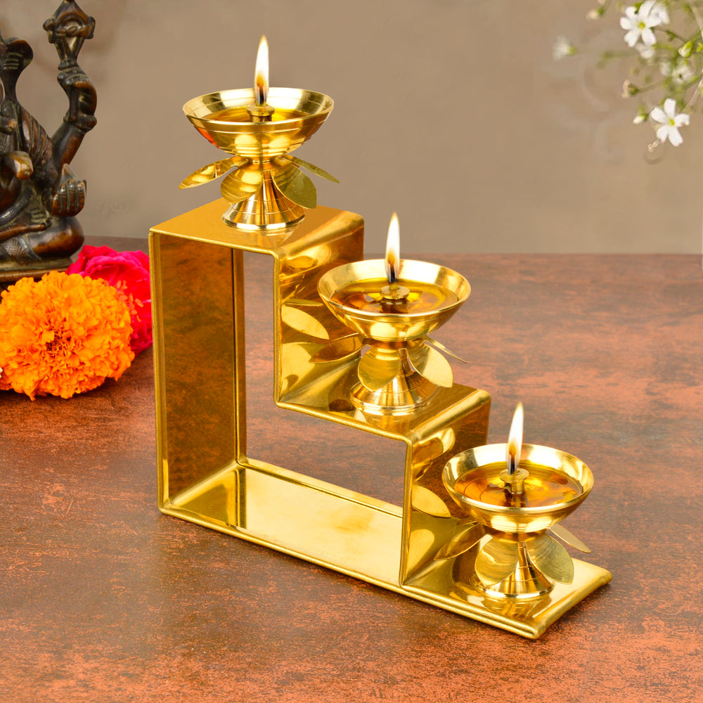 Premium Brass Decorative 3 Step Pooja Diya (L x B x H – 15 x 5 x 15 cm ; Weight – 360 gm)