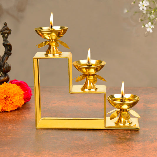 Premium Brass Decorative 3 Step Pooja Diya (L x B x H – 15 x 5 x 15 cm ; Weight – 360 gm)