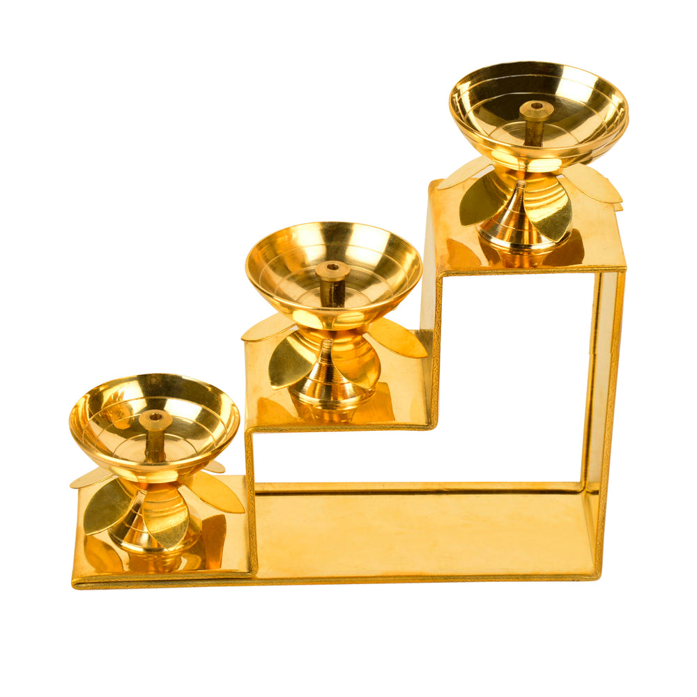 Premium Brass Decorative 3 Step Pooja Diya (L x B x H – 15 x 5 x 15 cm ; Weight – 360 gm)