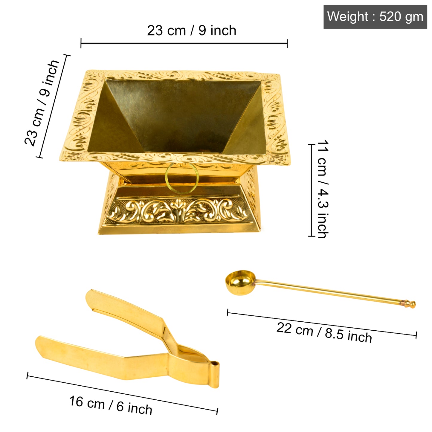 Premium Brass Hawan Kund Set (Havan Kund , Stand , Suchi Spoon , Tong / Chimta ; L x B x H – 23 x 23 x 11 cm ; 520 gm)