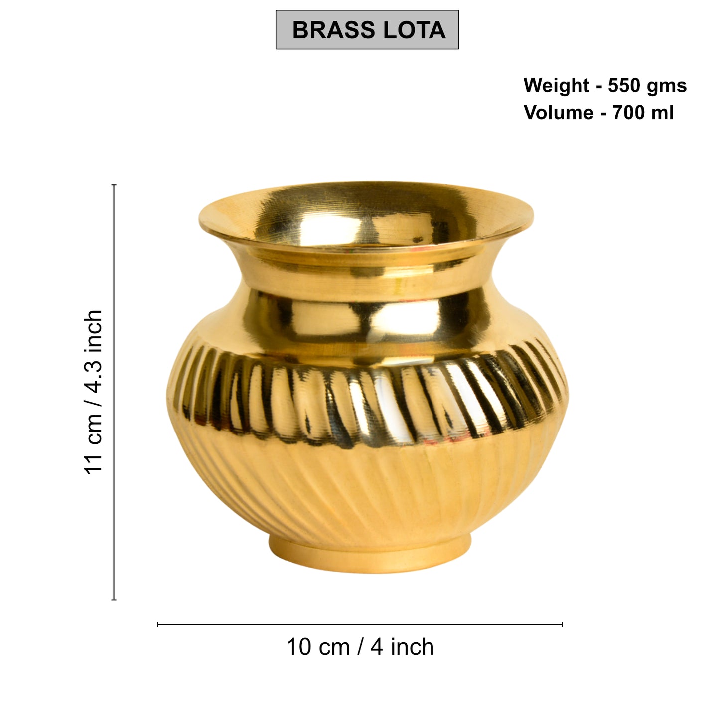 Pure Brass Lota with Grooves for Puja (Diameter – 10 cm, Height – 11 cm, Weight – 550 gm)