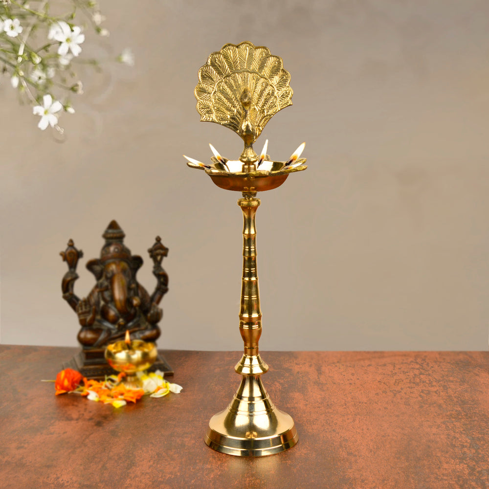 Premium Brass Dancing Peacock Standing Diya (Height – 14 Inches, 760 gm)