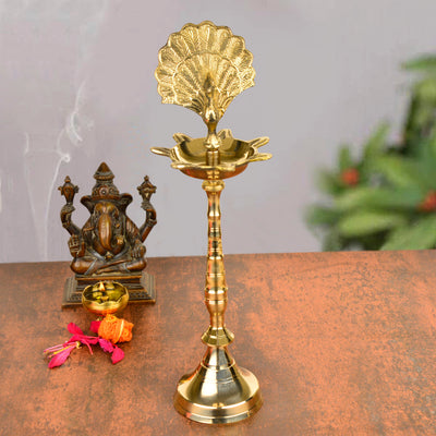 Premium Brass Dancing Peacock Standing Diya (Height – 14 Inches, 760 gm)