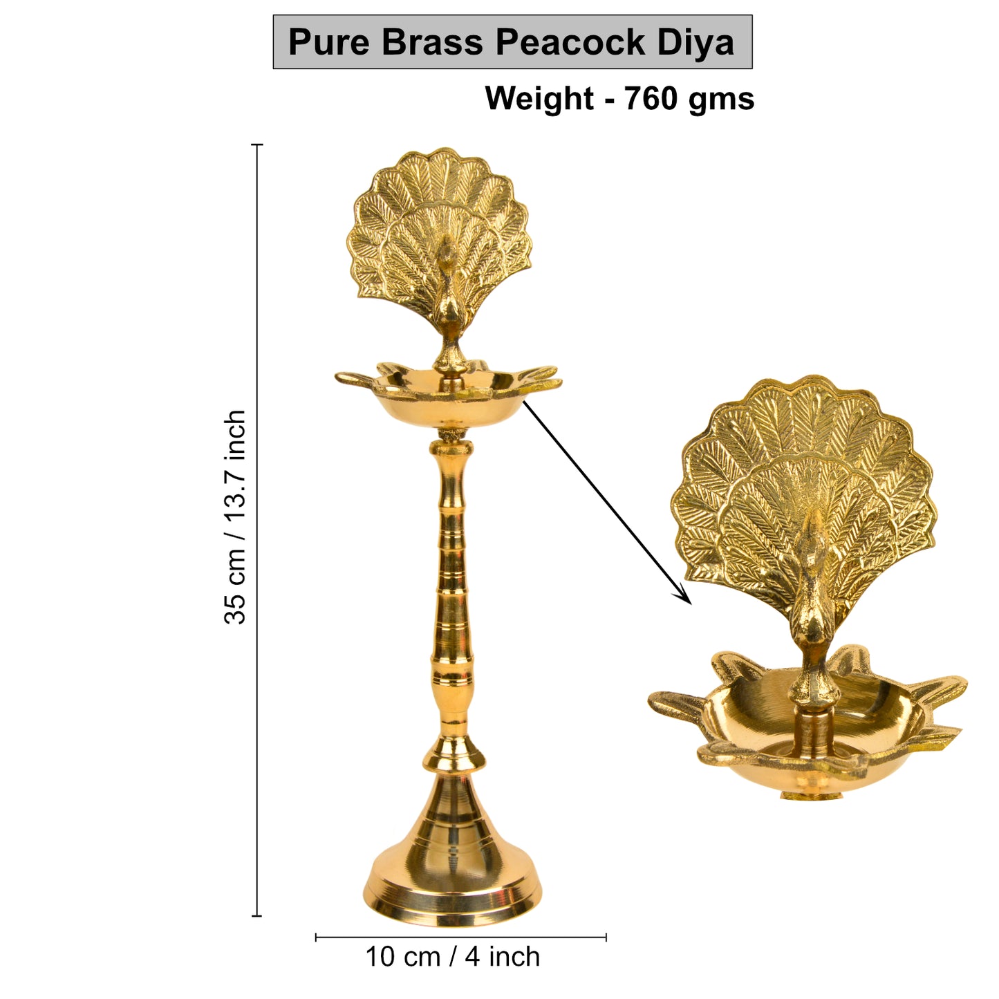 Premium Brass Dancing Peacock Standing Diya (Height – 14 Inches, 760 gm)