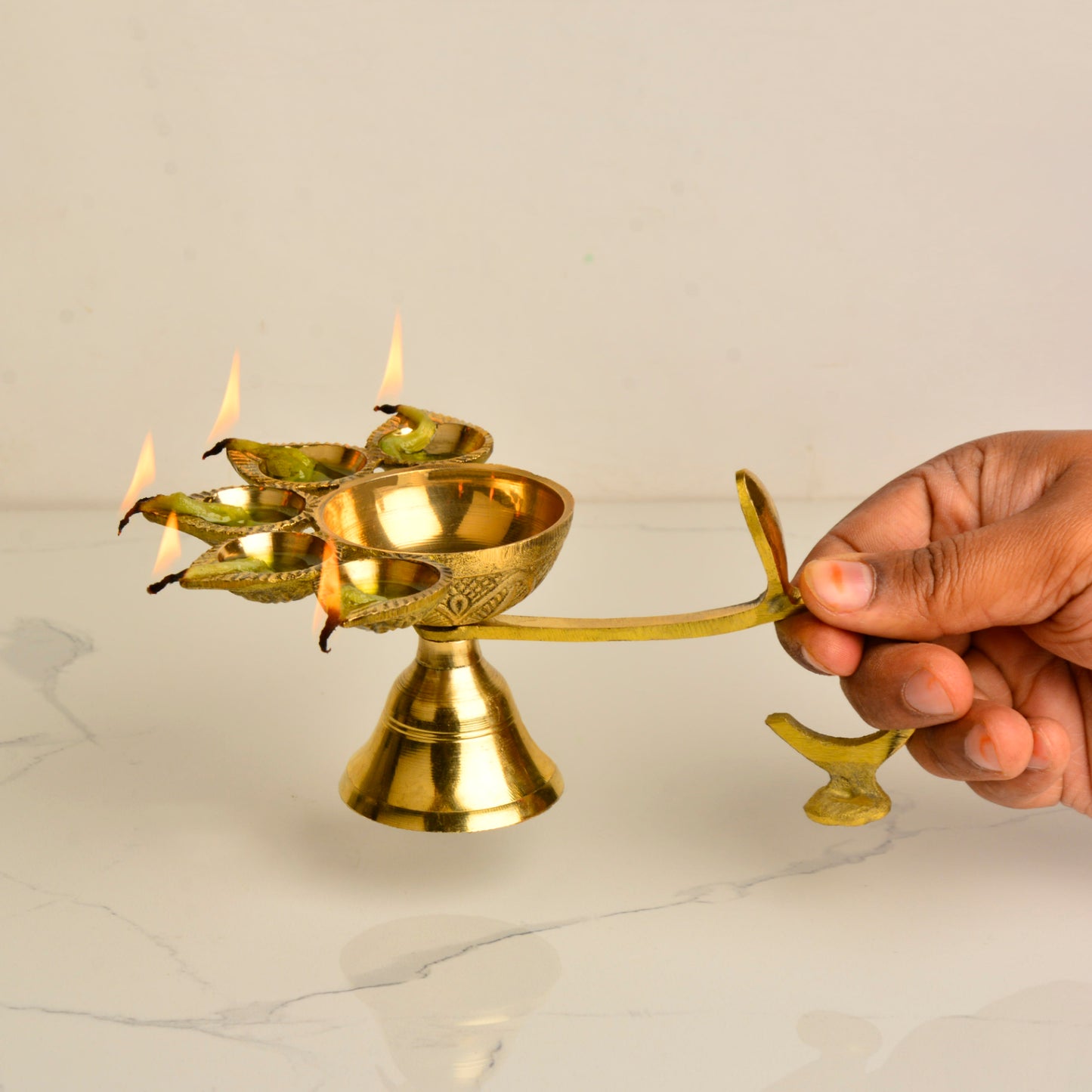 Pure Brass Premium Panch Aarti Diya with Handle (18 x 13 x 7 cm, 410 gm)