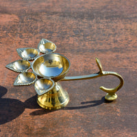 Pure Brass Premium Panch Aarti Diya with Handle (18 x 13 x 7 cm, 410 gm)