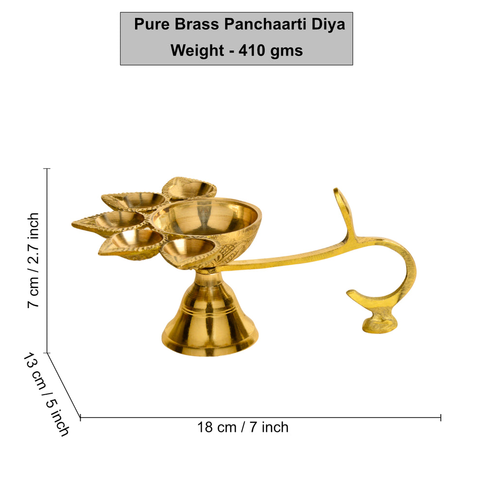 Pure Brass Premium Panch Aarti Diya with Handle (18 x 13 x 7 cm, 410 gm)