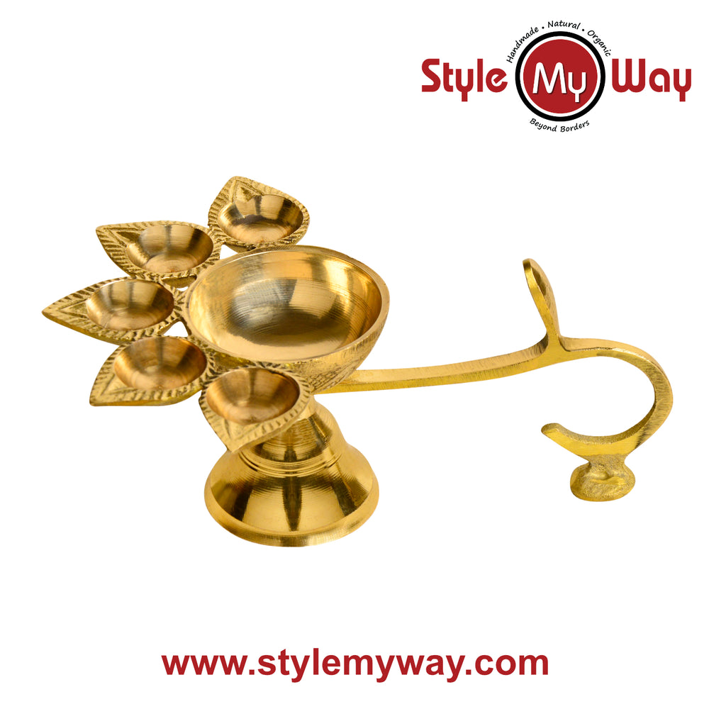 Pure Brass Premium Panch Aarti Diya with Handle (18 x 13 x 7 cm, 410 gm)