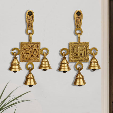 Pure Brass Om  Swastik Hanging Bells Set for Door Entrance (Set of 2 , 8 x 2 x 15 cm , 440 gm)