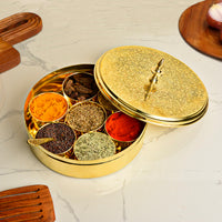 Premium Pure Brass Floral Etched Indian Spice Box for Kitchen with Spoon ( 7 Containers, Diameter - 8 inches , Weight - 960 gm)