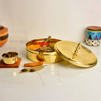 Premium Pure Brass Floral Etched Indian Spice Box for Kitchen with Spoon ( 7 Containers, Diameter - 8 inches , Weight - 960 gm)