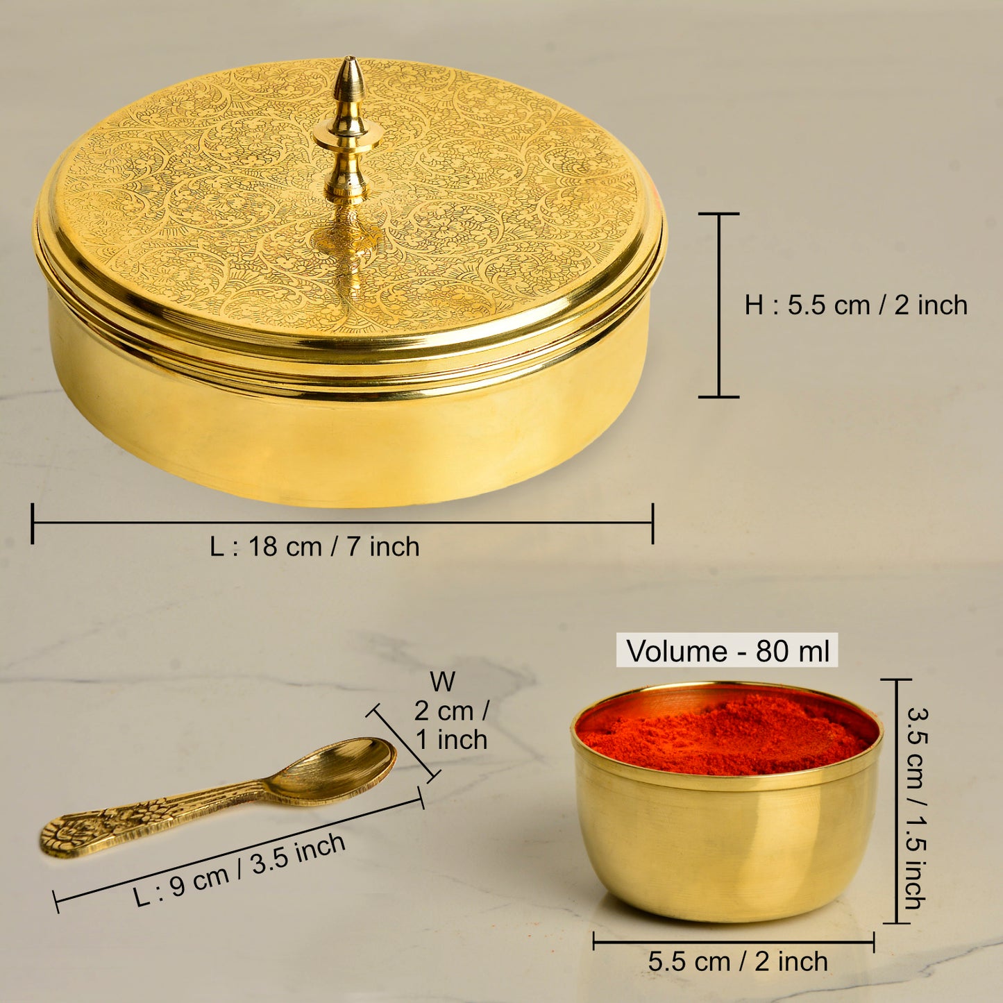 Premium Pure Brass Floral Etched Indian Spice Box for Kitchen with Spoon ( 7 Containers, Diameter - 8 inches , Weight - 960 gm)