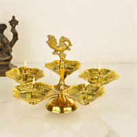 Pure Brass Premium Panch Mukhi Aarti Pooja Diya (Oil Lamp) with Dancing Peacock