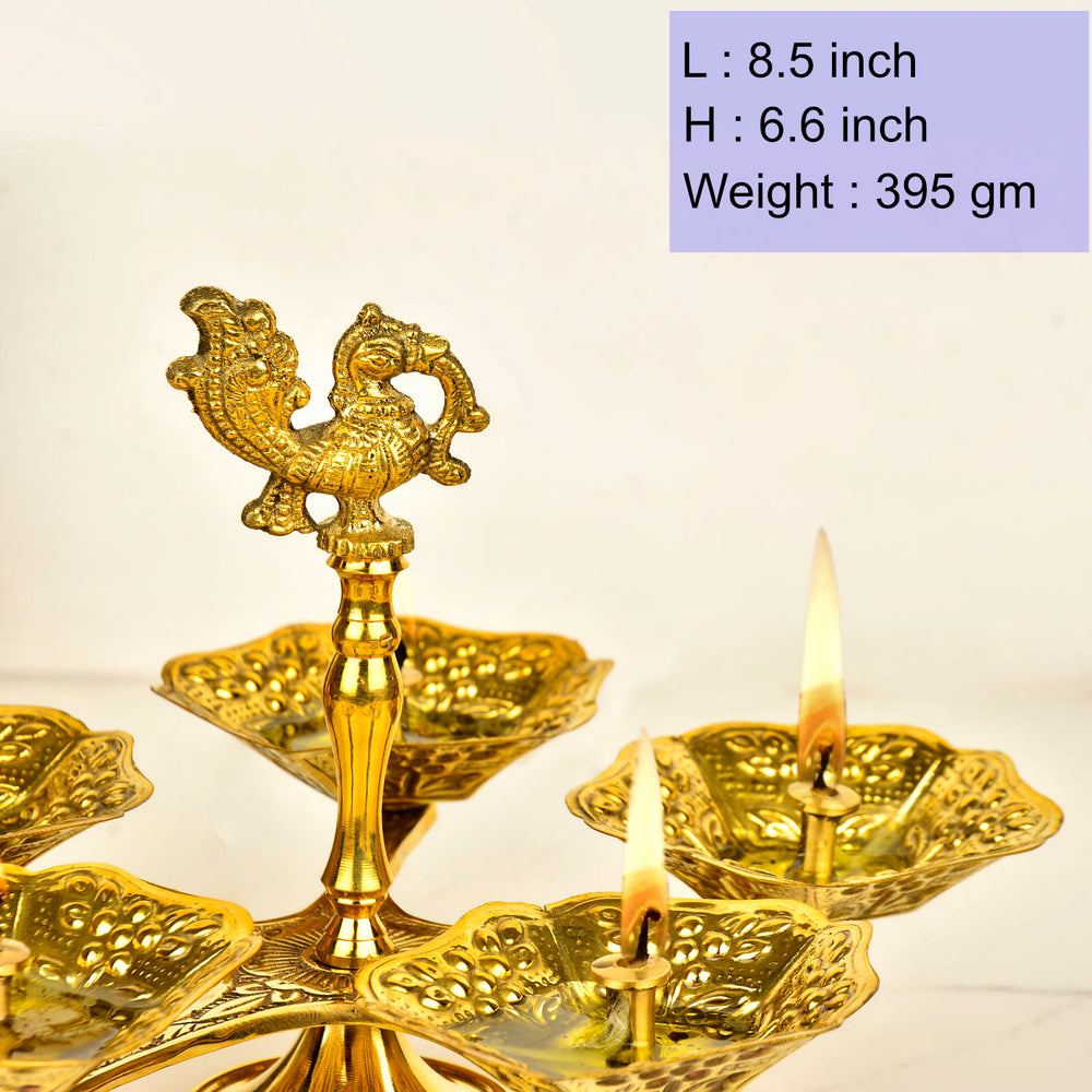 Pure Brass Premium Panch Mukhi Aarti Pooja Diya (Oil Lamp) with Dancing Peacock