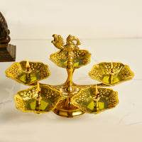 Pure Brass Premium Panch Mukhi Aarti Pooja Diya (Oil Lamp) with Dancing Peacock