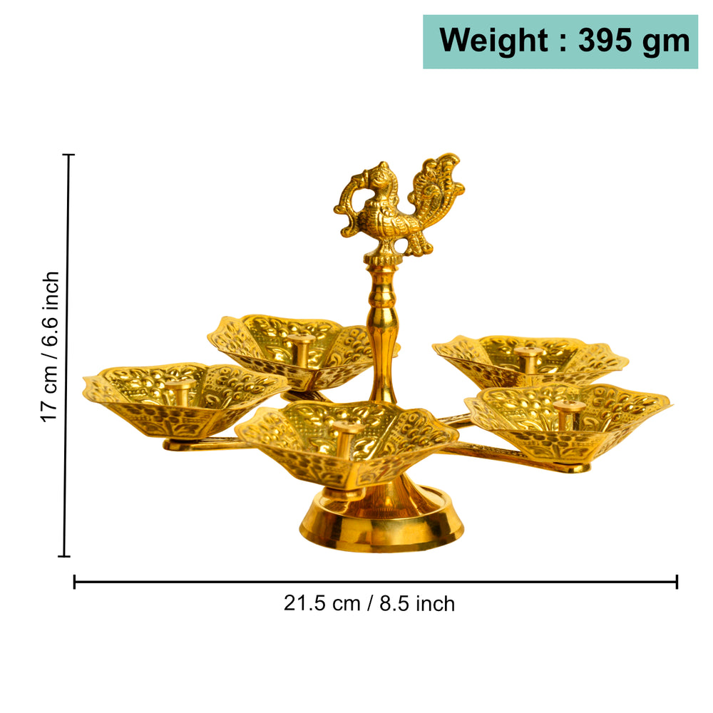 Pure Brass Premium Panch Mukhi Aarti Pooja Diya (Oil Lamp) with Dancing Peacock