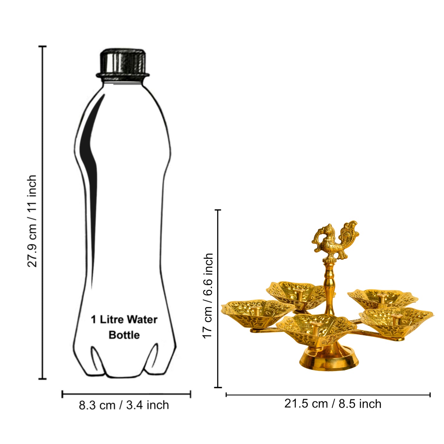 Pure Brass Premium Panch Mukhi Aarti Pooja Diya (Oil Lamp) with Dancing Peacock