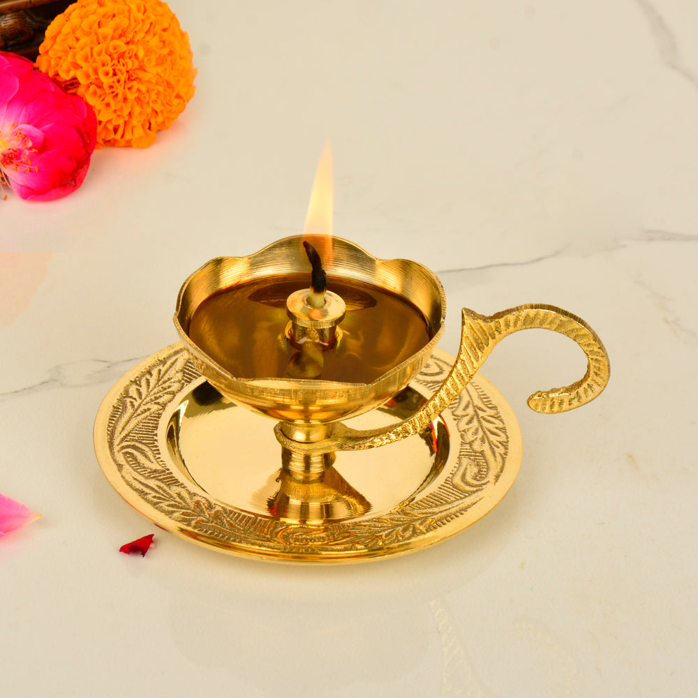 Brass Decorative Pooja Diya with Handle and Plate