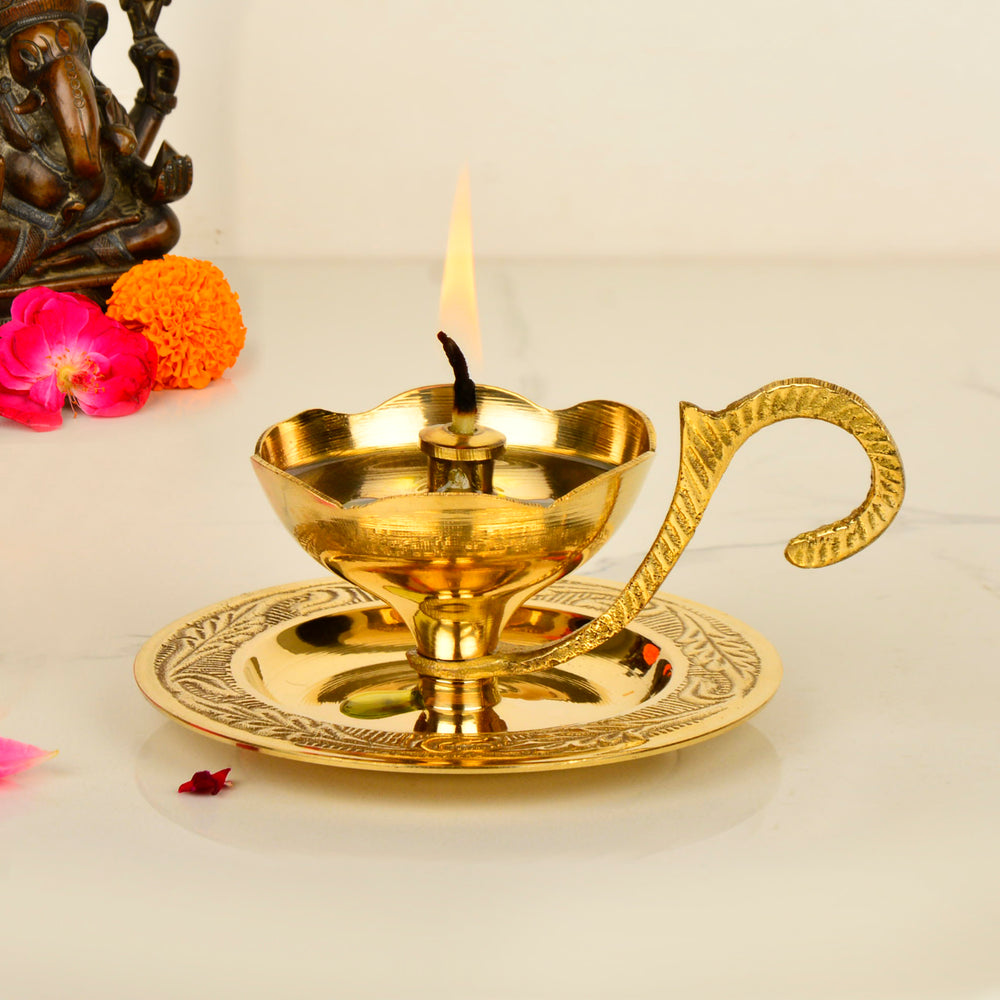 Brass Decorative Pooja Diya with Handle and Plate