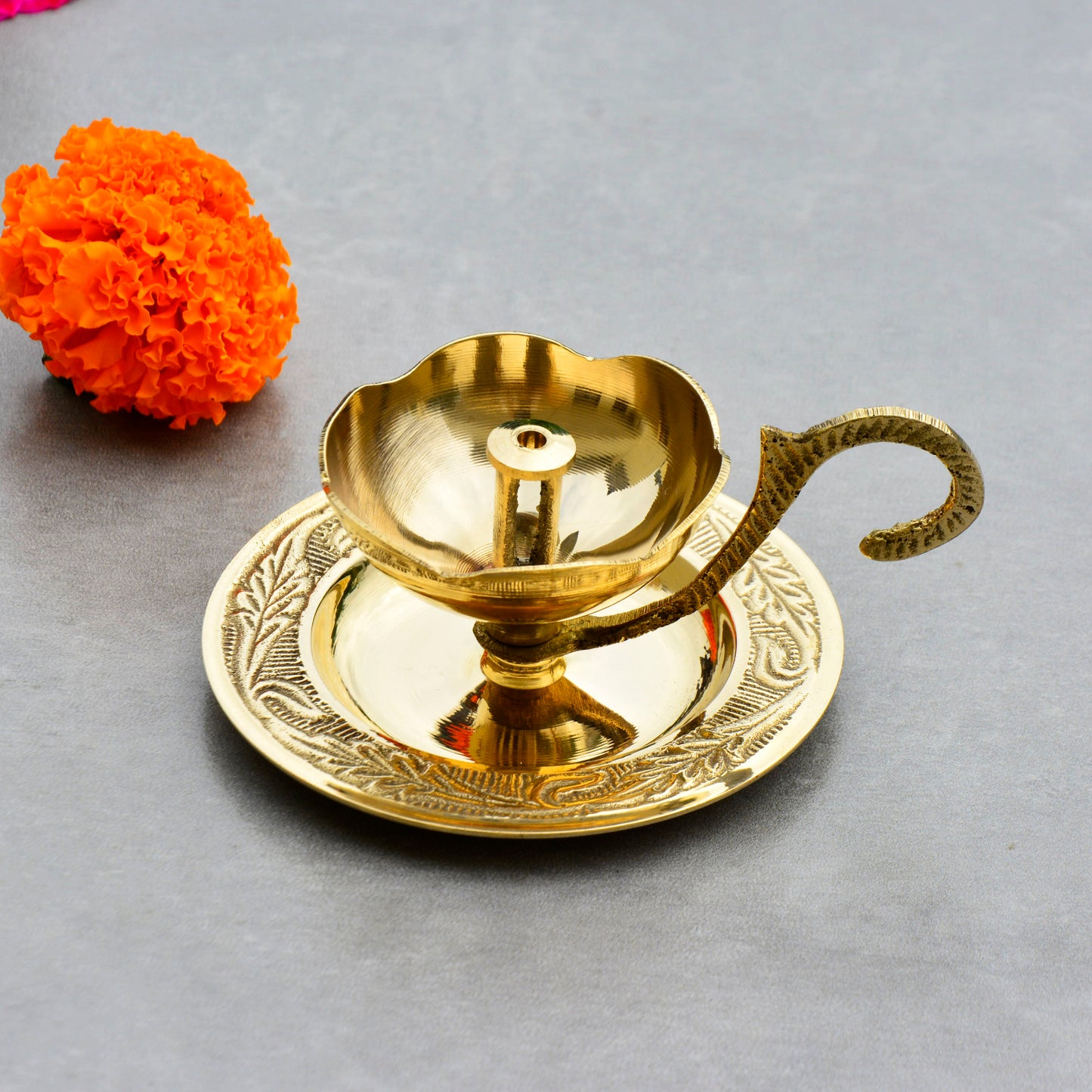 Brass Decorative Pooja Diya with Handle and Plate