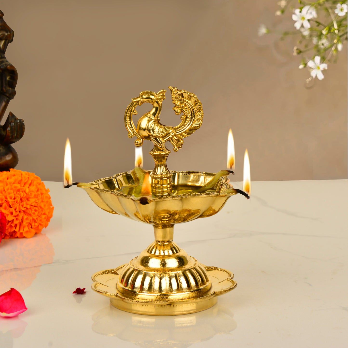 Premium Brass Dancing Peacock Panchmukhi Pooja Aarti Diya