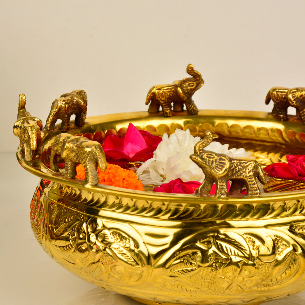 Handcrafted Elephant Design Decorative Brass Urli / Bowl (D - 20 cm)