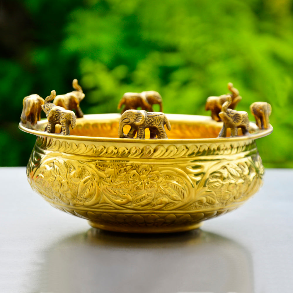 Handcrafted Elephant Design Decorative Brass Urli / Bowl (D - 20 cm)