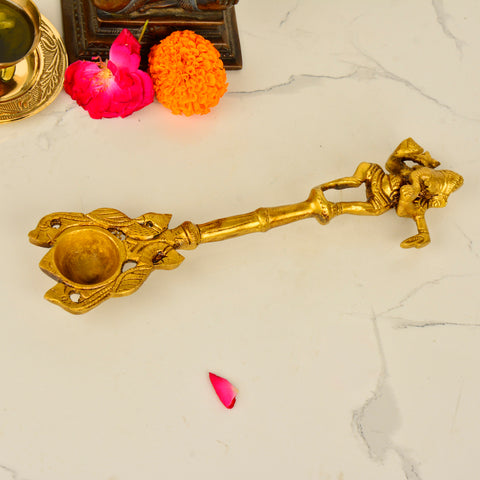 Handcrafted Brass Pooja Hawan Spoon for Pouring Ghee, Holy Water, Samagri with Dancing Ganesha