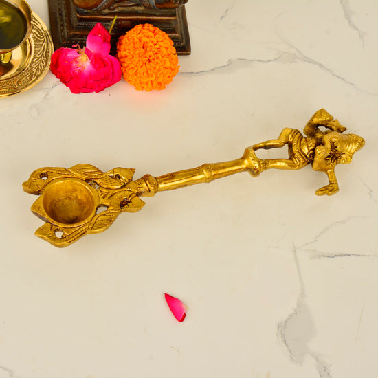 Handcrafted Brass Pooja Hawan Spoon for Pouring Ghee, Holy Water, Samagri with Dancing Ganesha