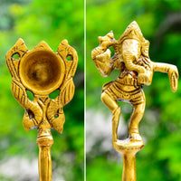 Handcrafted Brass Pooja Hawan Spoon for Pouring Ghee, Holy Water, Samagri with Dancing Ganesha