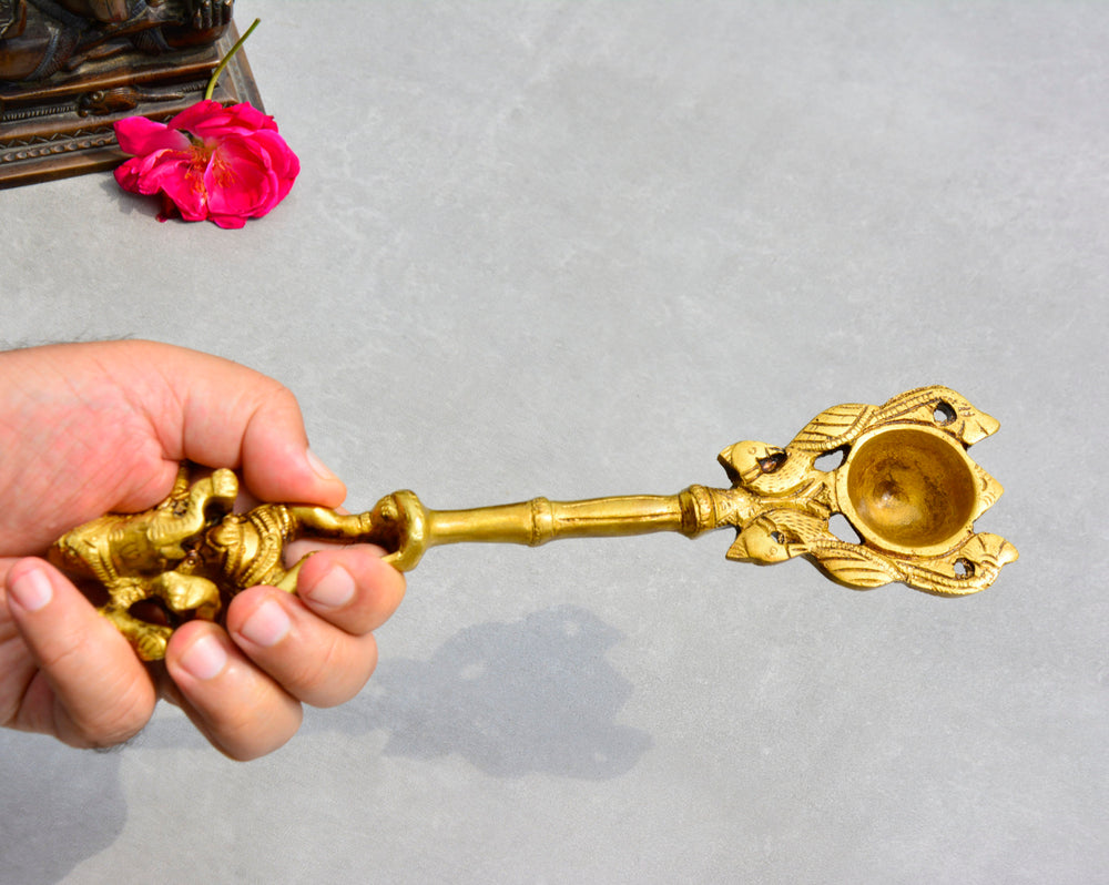 Handcrafted Brass Pooja Hawan Spoon for Pouring Ghee, Holy Water, Samagri with Dancing Ganesha