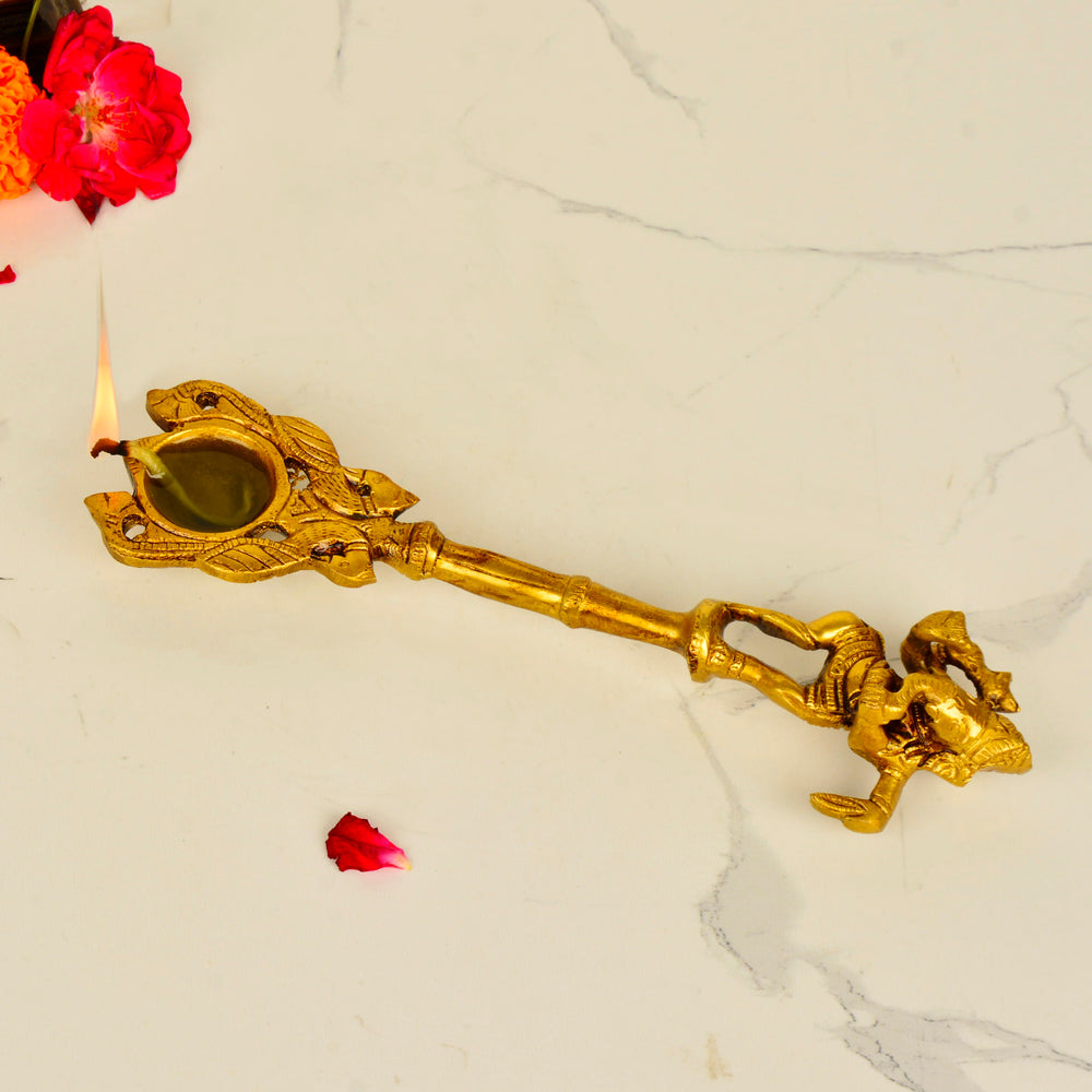 Handcrafted Brass Pooja Hawan Spoon for Pouring Ghee, Holy Water, Samagri with Dancing Ganesha