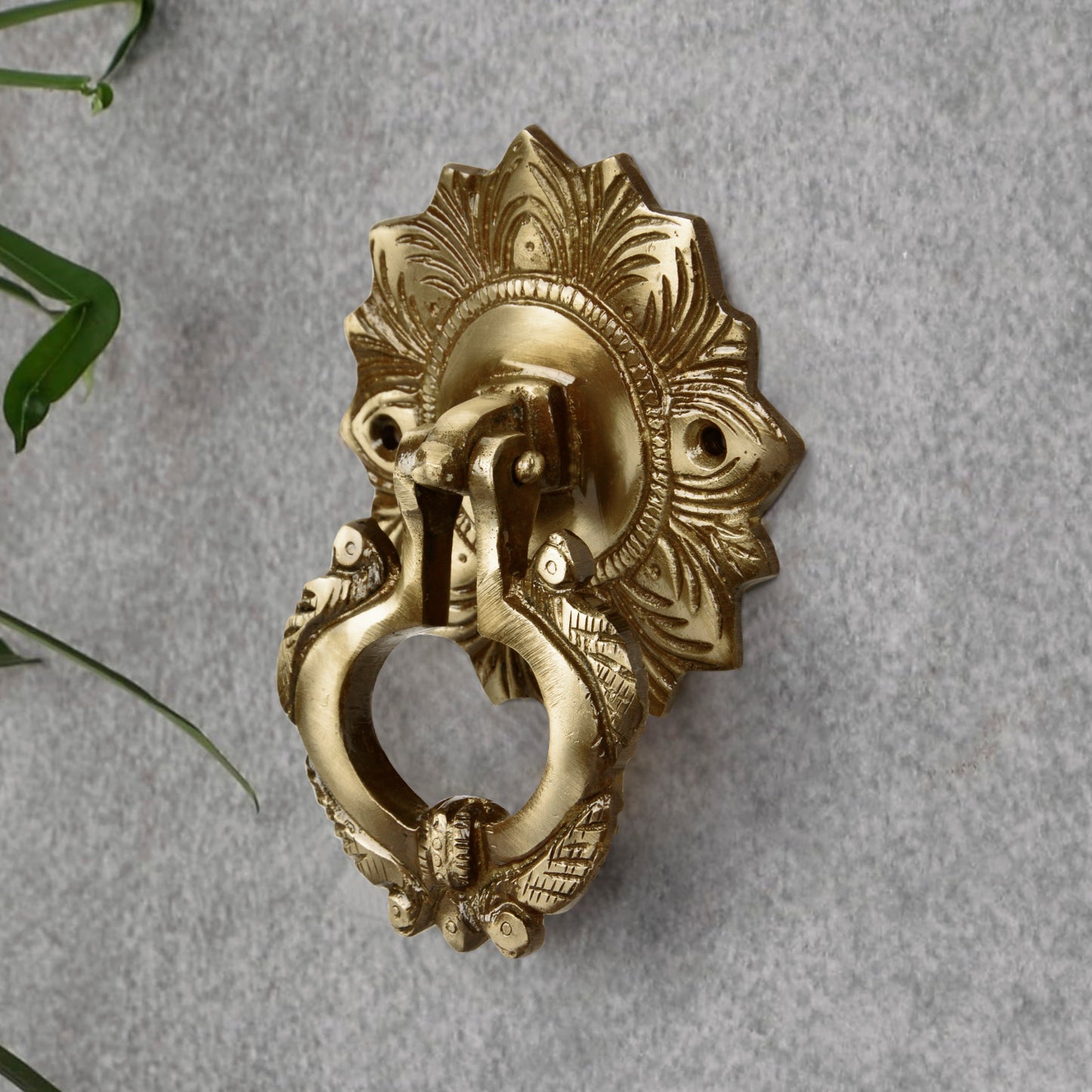 Brass Ethnic Carved Peacock Over Ring Main Door Knocker with Antique Finish (D - 8 cm)