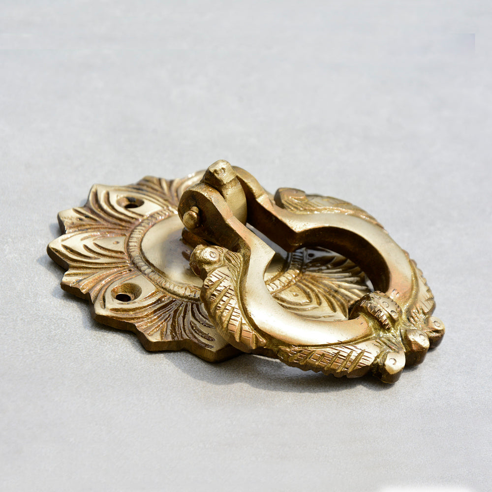 Brass Ethnic Carved Peacock Over Ring Main Door Knocker with Antique Finish (D - 8 cm)