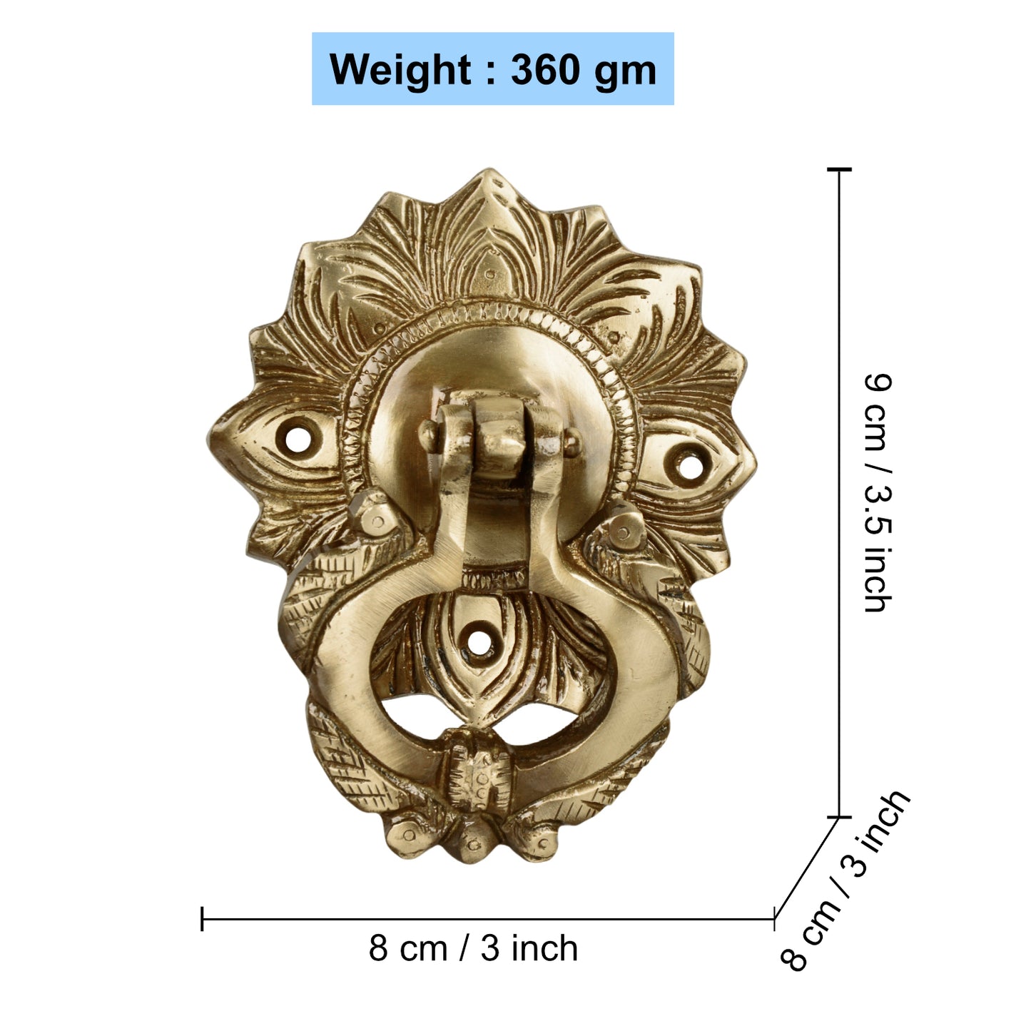 Brass Ethnic Carved Peacock Over Ring Main Door Knocker with Antique Finish (D - 8 cm)