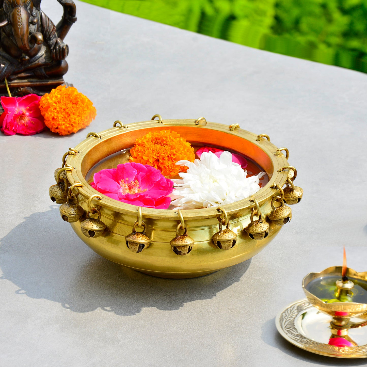 Handcrafted Premium Decorative Brass Urli / Bowl with Ghungroo (D - 15 cm)