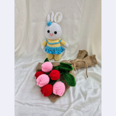 Handmade Flower Bouquet Set Of 3 Red Tulip+3 Pink Tulip And 1 Bunny Toy