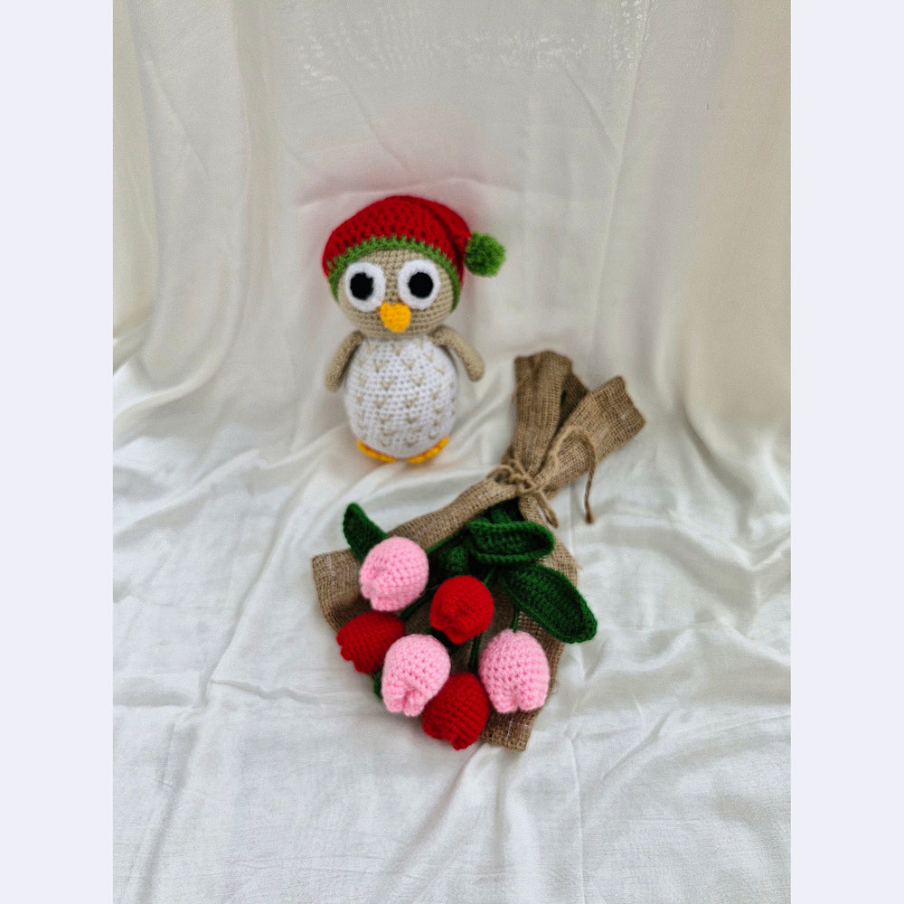 Handmade Flower Bouquet Set Of 3 Red Tulip+3 Pink Tulip And 1 Owl Toy