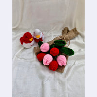 Handmade Flower Bouquet Set Of 3 Red Tulip+3 Pink Tulip And 2 Bird Toy