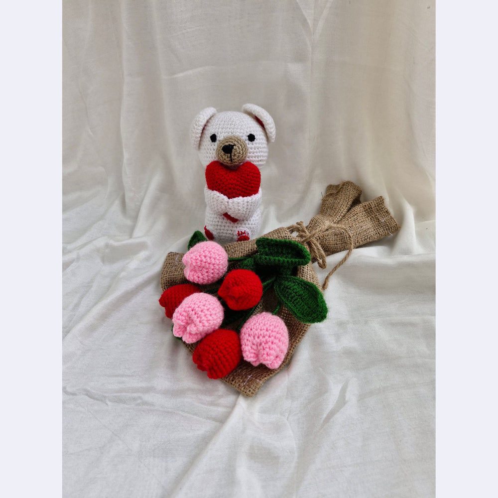 Handmade Flower Bouquet Set Of 3 Red Tulip+3 Pink Tulip And 1 Heart Teddy Toy