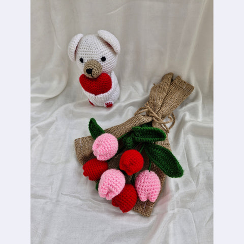 Handmade Flower Bouquet Set Of 3 Red Tulip+3 Pink Tulip And 1 Heart Teddy Toy