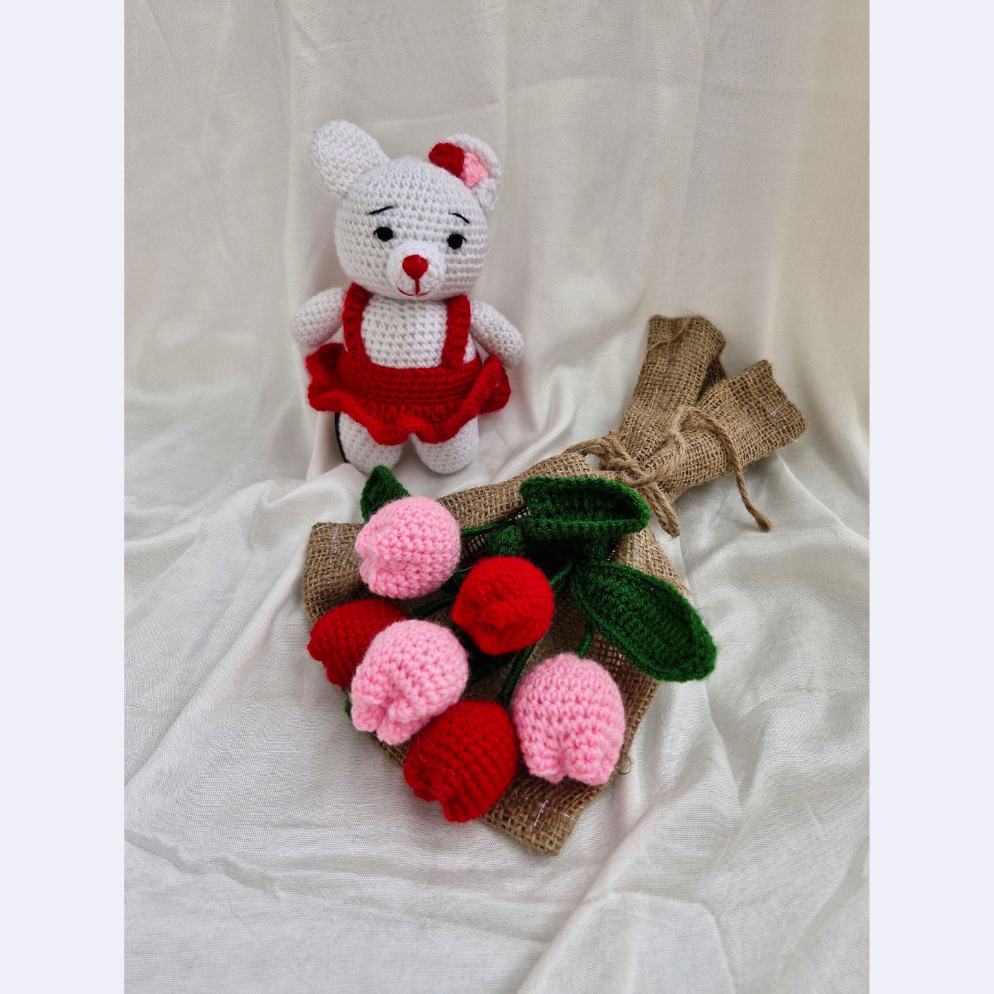 Handmade Flower Bouquet Set Of 3 Red Tulip+3 Pink Tulip And 1 Teddy Toy