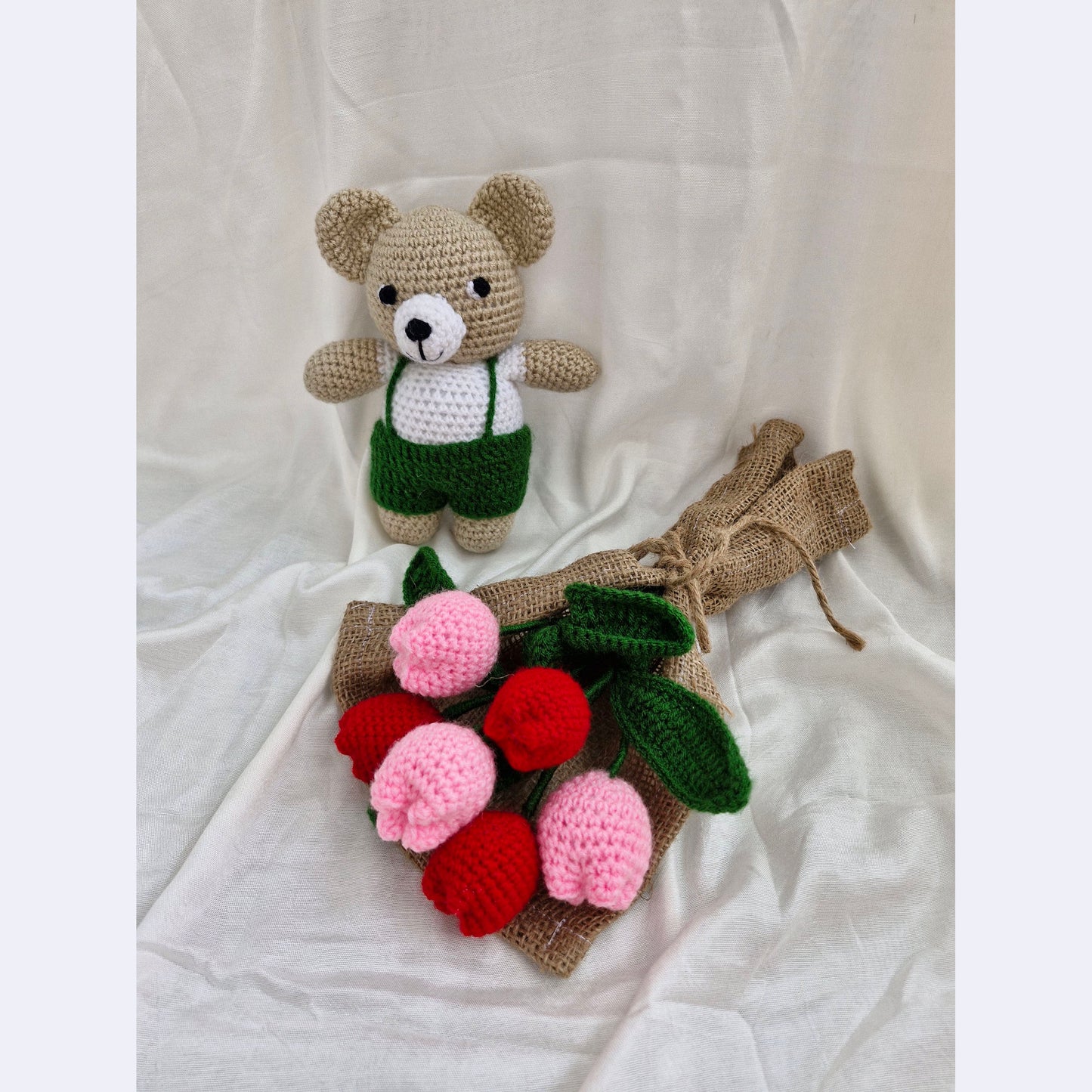 Handmade Flower Bouquet Set Of 3 Red Tulip+3 Pink Tulip And 1 Teddy Toy